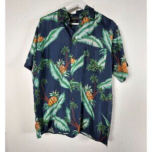 Silk Traders Mens Button Up Hawaiian Shirt Medium Navy Pineapple & Leaf Print